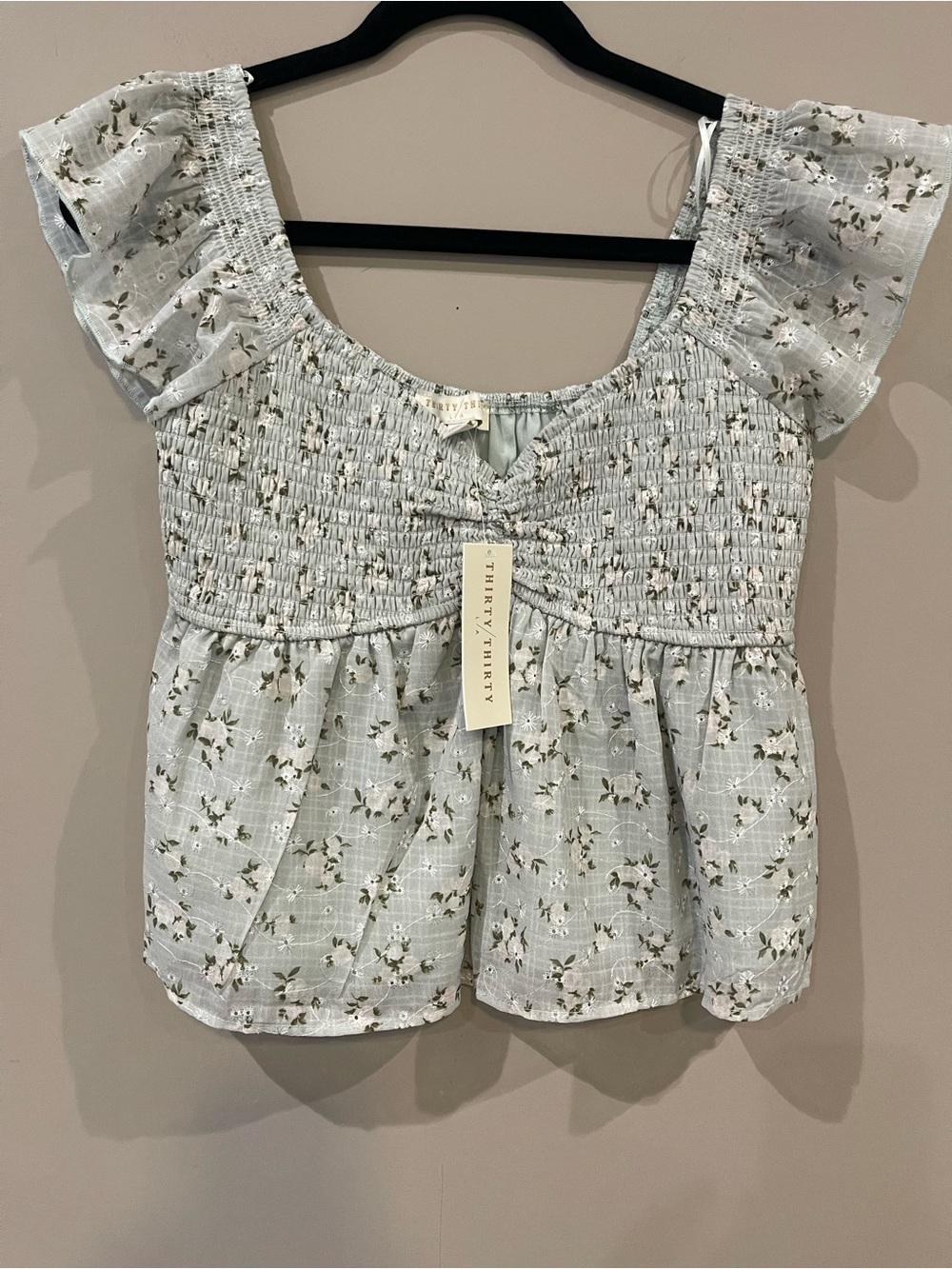 Thirty Thirty Light Green Floral Smocked Square-Neck Blouse